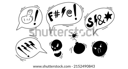 Swear words. Doodle hand drawn speech bubble with swear words symbols. Comic speech bubble with curses, skull, bones, lightning. Angry screaming face emoji. Vector illustration isolated on white.