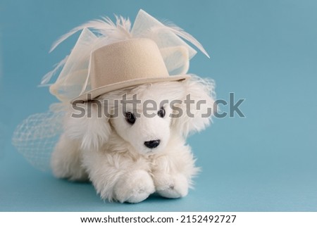 white toy dog on a blue background.