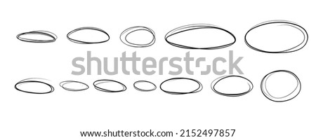 Sketch highlight ovals set. Doodle Marker hand drawn highlight scrawl circles . Marker sketch. Highlighting text and important objects. Round scribble frames. Stock vector illustration on white.