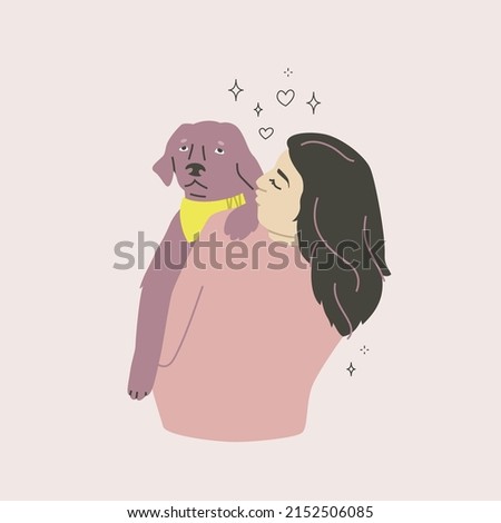 Young woman with her pet dog flat vector illustration isolated on grey backdrop. Cartoon or comic style. Pet owner hugs dog with love.