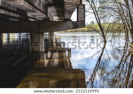 The supports of the concrete bridge plunged into the input due to the rise in the water level in the spring. The bridge piers are lightly illuminated by the sun.