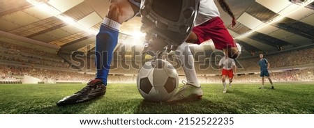 Attack. Cropped image of two soccer, football players in motion, action at stadium during football match. Concept of sport, competition, goals. Collage, poster for ads