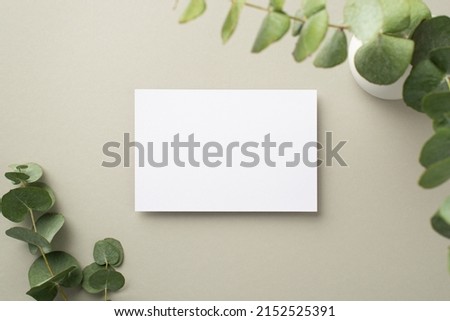 Top view photo of paper card and white ceramic vase with bouquet of eucalyptus on pastel grey background with empty space