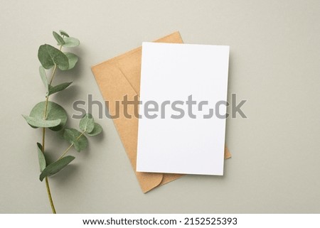 Business concept. Top view photo of paper sheet craft paper envelope and eucalyptus on pastel grey background with blank space