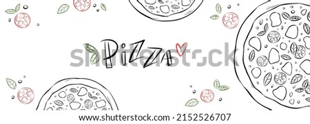 Neapolitan, Margherita pizza, top view. Hand-drawn vector banner for website, advert, social media or menu. Sketch illustration of traditional Italian dish made with tomatoes and mozzarella cheese.