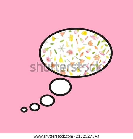 Positive minds symbol. Thought balloon full of beautiful flowers. Floral abstract thinking concept relaxation idea. Design of optimism and good mood picture on pink background