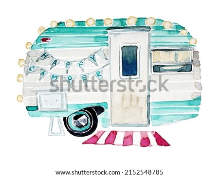 Vintage camping van clipart isolated on a white background. Watercolor hand painted tourist concept illustration. Happy camper design. Camping branding.
