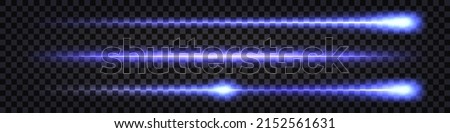 Blue neon laser beam, glowing light effect. Luminous ray lines with flash light and shiny explosions. Futuristic hi-tech design elements isolated on transparent background. Vector illustration Royalty-Free Stock Photo #2152561631