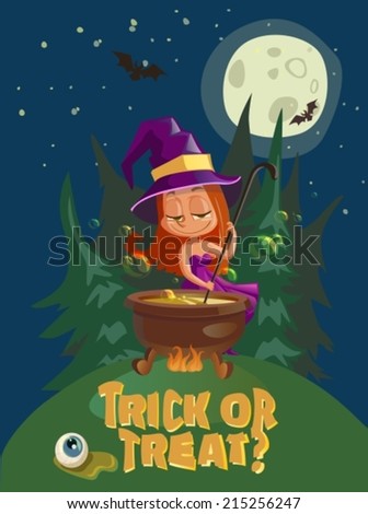 Halloween illustration with witch and crafting pot, Holiday poster design, VECTOR