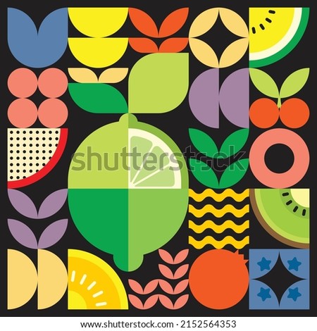 Geometric summer fresh fruit cut artwork poster with colorful simple shapes. Scandinavian style flat abstract vector pattern design. Minimalist illustration of a green lemon on a black background. Royalty-Free Stock Photo #2152564353