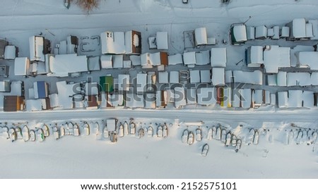 Boat station in winter from a height. Photo from above. aerial photography, aerial view, drone photo, Novosibirsk city, Russia