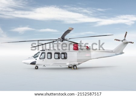 White luxury corporate passenger helicopter isolated on bright background with sky