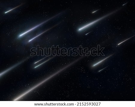 Star rain in the night sky. Falling stars on a black background. Beautiful meteor shower, falling meteorites.  Royalty-Free Stock Photo #2152593027