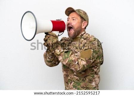 Military man isolated on white background shouting through a megaphone