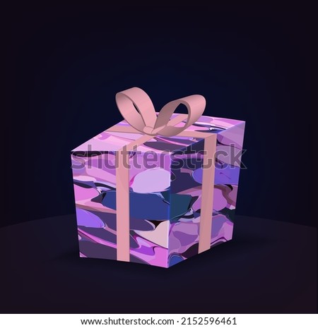 Colorful gift box on dark background in vector. 3d object with Pink pattern. Abstract