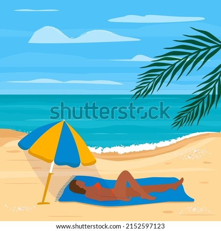 Vector illustration Woman sunbathing on the beach. Girl lie on beach towel under a parasol. Sea background. Beach vacation, travel concept. Summer. Sea coast. Marine. Sand.