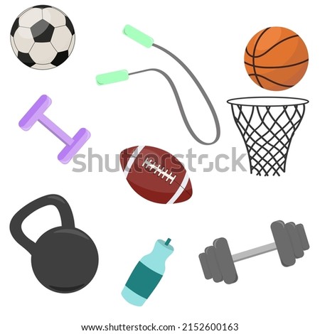 Sports kit balls, rope, kettlebell, water bottle, dumbbells. Vector.	
