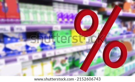 Large red Percentage sign on blur shelves background in supermarket. Price grocery rises. Inflation concept. Retail industry. Finance Economy. Market. Store. Discount. Interest rate. Percent symbol.