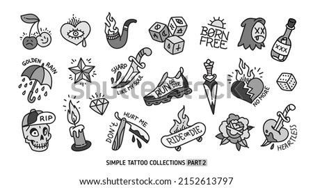 Old school simple tattoo collection on white background. Traditional tattoo symbols and rockabilly elements with phrases and quots. Trendy Tattoo designs for tee print fabric
 Royalty-Free Stock Photo #2152613797