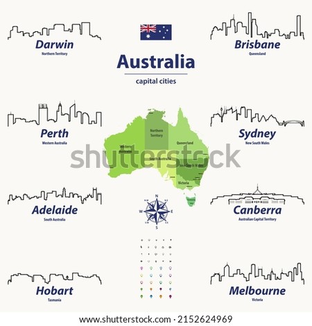 Australia states map with skylines of capital cities in line art style. Vector illustration