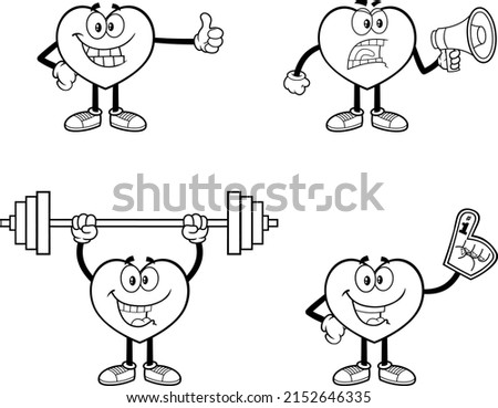 Outlined Heart Cartoon Character Series. Vector Collection Set Isolated On White Background