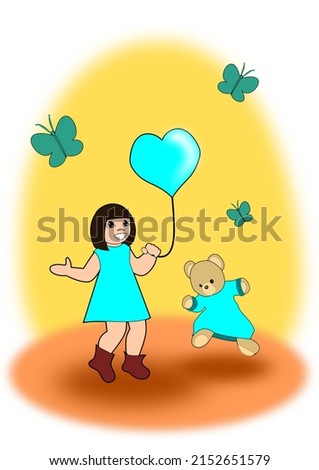 A little girl with a heart-shaped balloon, and a dancing teddy bear dressed in a turquoise dress.