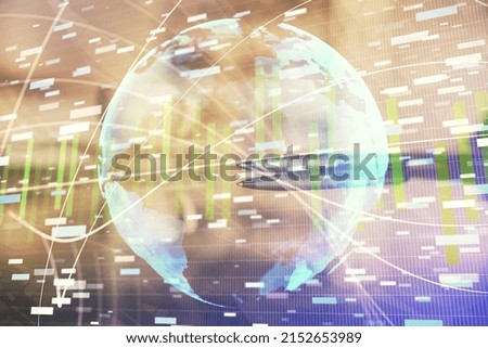 Double exposure of financial theme drawing hologram over coffee cup background in office. Concept of international business.