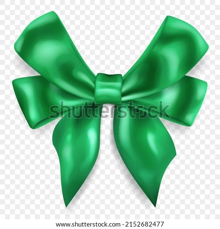 Beautiful big bow made of green ribbon with shadow, isolated on transparent background. Transparency only in vector format