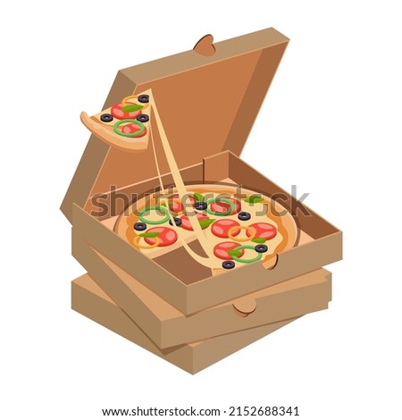 Open Box With Appetizing Pizza Inside From Which A Piece Has Been Cut. Melted Cheese Reaches for the pile. Stack of Pizza Boxes. cartoon illustration