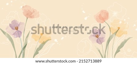 Abstract spring season floral Background. Warm tone blossom wallpaper design with wild flowers, blooms and leaves. Line art and watercolor texture perfect for banner, prints, wall art, decoration. Royalty-Free Stock Photo #2152713889