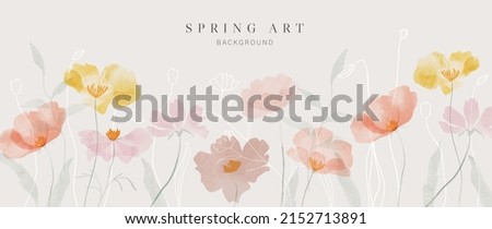 Abstract spring season floral Background. Warm tone blossom wallpaper design with wild flowers, blooms and leaves. Line art and watercolor texture perfect for banner, prints, wall art, decoration. Royalty-Free Stock Photo #2152713891