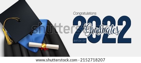 Graduation greeting vector design. Congratulations 2022 graduates text with 3d mortarboard cap, graduation dress and diploma elements for ceremony celebration messages. Vector illustration.
 Royalty-Free Stock Photo #2152718207
