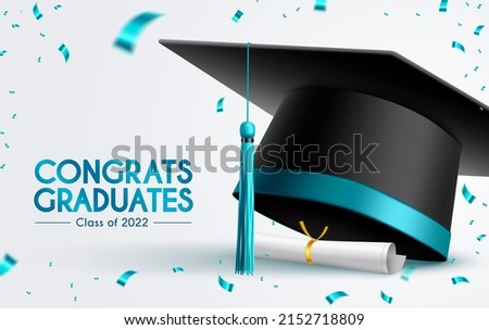 Graduation 2022 greeting vector design. Congrats graduates text with 3d mortarboard cap, diploma and confetti celebration elements for college graduate celebration. Vector illustration.
 Royalty-Free Stock Photo #2152718809