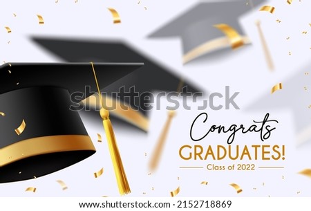 Graduation greeting vector background design. Congrats graduates text with 3d mortarboard cap and elegant gold confetti for graduation ceremony messages. Vector illustration.
 Royalty-Free Stock Photo #2152718869