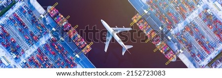 Air Transportation and transit of Container ships loading and unloading in Hutchison Ports, Business logistic import-export transport sea freight with copy space. Royalty-Free Stock Photo #2152723083