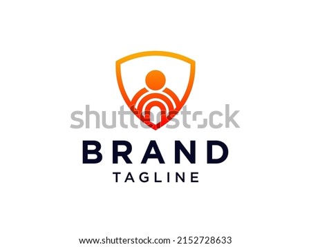 Family Protection Logo. Orange Shield Icon with People inside isolated on White Background. Flat Vector Logo Design Template Element.