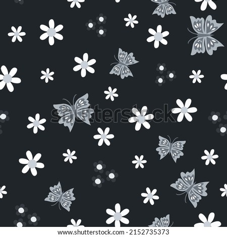 Black and White Butterflies and flowers seamless repeating vector pattern. Relaxing Elegant Surface Pattern Design.