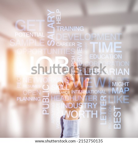 Close of businesswoman hand touching with finger screen with business conceptual words
