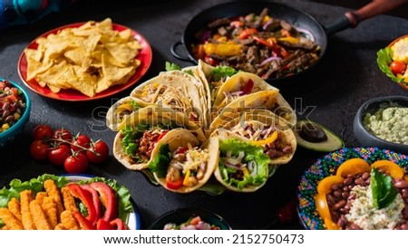 Mexican table Taco, Guacamole, Fajita, Salsa sauce, Corn Tortillas, Nachos, Burrito, Pico de gallo