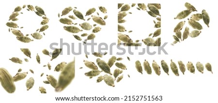 A set of photos. Cardamom pods levitate on a white background Royalty-Free Stock Photo #2152751563