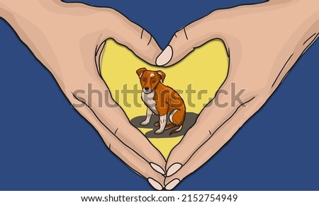 homeless red dog, an animal in caring hands. Share your heart. Symbol of love and care, custody of pets, dog shelter. Blue with yellow background. Illustration, banner. Animal protection, rescue 