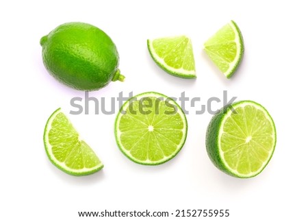 Fresh lime isolated on white background , slices lime collection top view. flat lay. Royalty-Free Stock Photo #2152755955