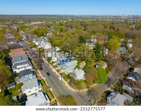 Arlington Heights suburban landscape aerial view in spring in historic town of Arlington, Massachusetts MA, USA. 