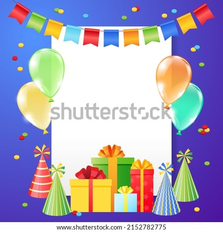 Birthday background template. Colorful frame of cartoon birthday decorations with blank space for your text. Vector 10 EPS.