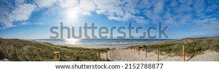 A path with many tracks, delimited by wooden posts on the sand dune with wild grass and beach in Noordwijk on the North Sea in Holland Netherlands - Panorama sea landscape with blue sky and clouds Royalty-Free Stock Photo #2152788877