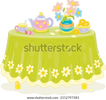 Round kitchen table with a beautiful green tablecloth, a vase with summer flowers and a tea set with tasty bagels in a kitchen at a dacha, vector cartoon illustrations isolated on a white background