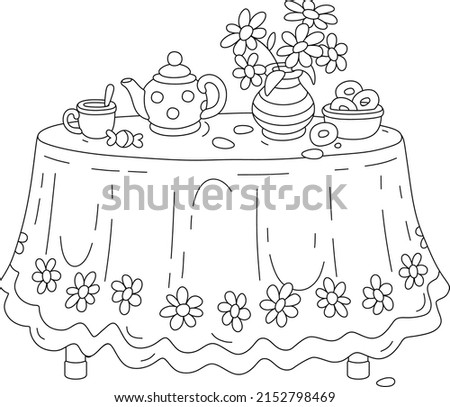 Round kitchen table with a beautiful tablecloth, a vase with summer flowers and a tea set with tasty bagels in a kitchen at a dacha, black and white outline vector illustration for a coloring book pag