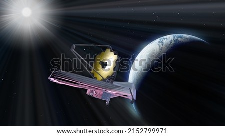Telescope James Webb in outer space on-orbit of Earth. Sci-fi space collage. Astronomy science. Elements of this image furnished by NASA