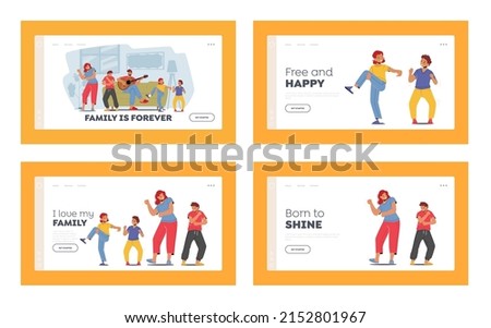 Family Rejoice, Home Party Landing Page Template Set. Parents and Kids Characters Dance, Father Playing Guitar, Mother with Children Dancing in Living Room Together. Cartoon People Vector Illustration