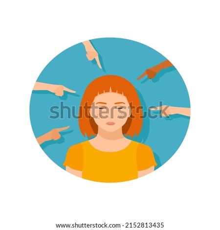 A portrait of a sad redhead girl surrounded by pointing hands. Bullying and shaming among schoolchildren and students Royalty-Free Stock Photo #2152813435